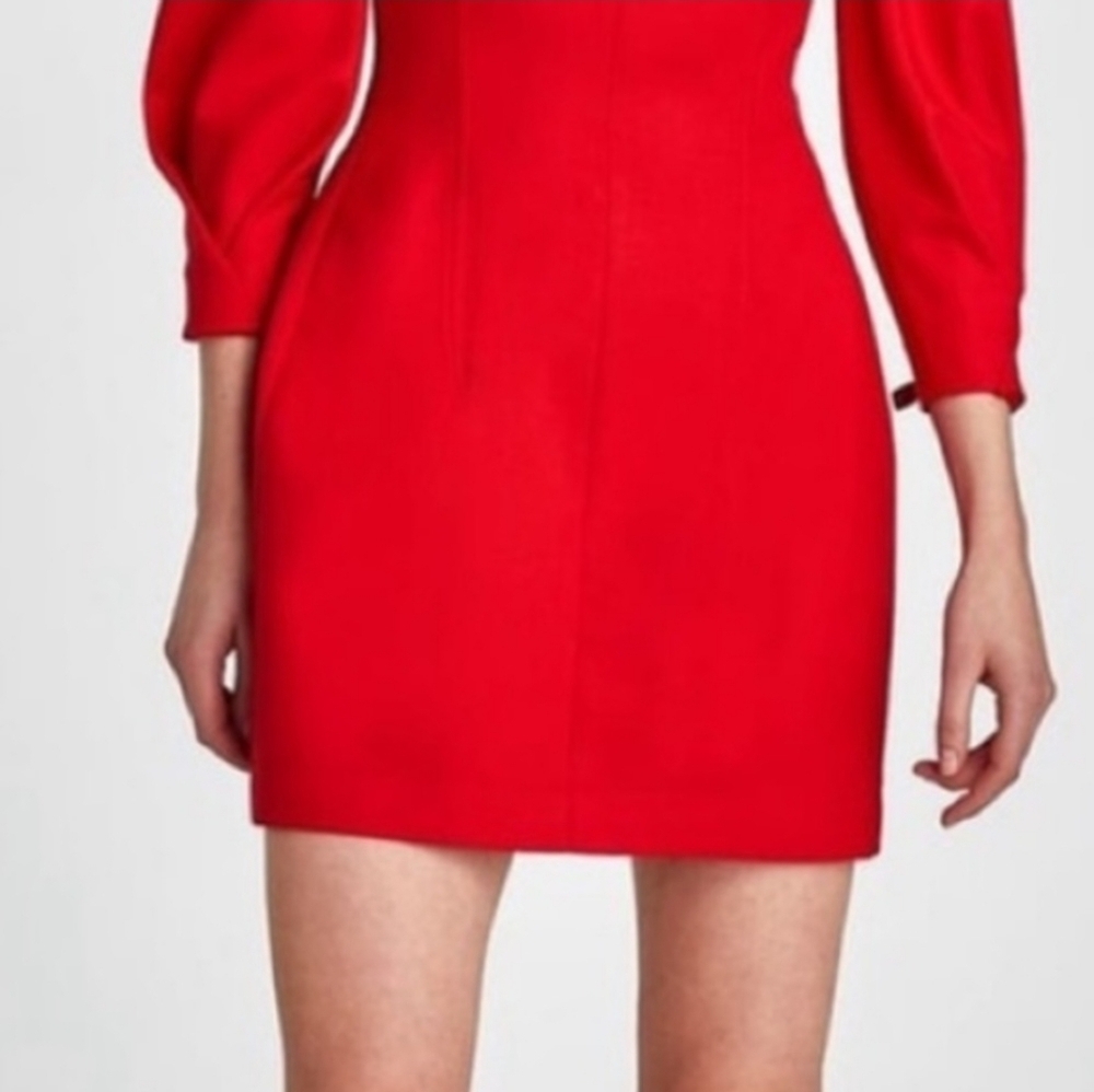 ZARA Mini Voluminous Dress Red 3/4 Pleated Sleeves Size 8 - Picture 4 of 7